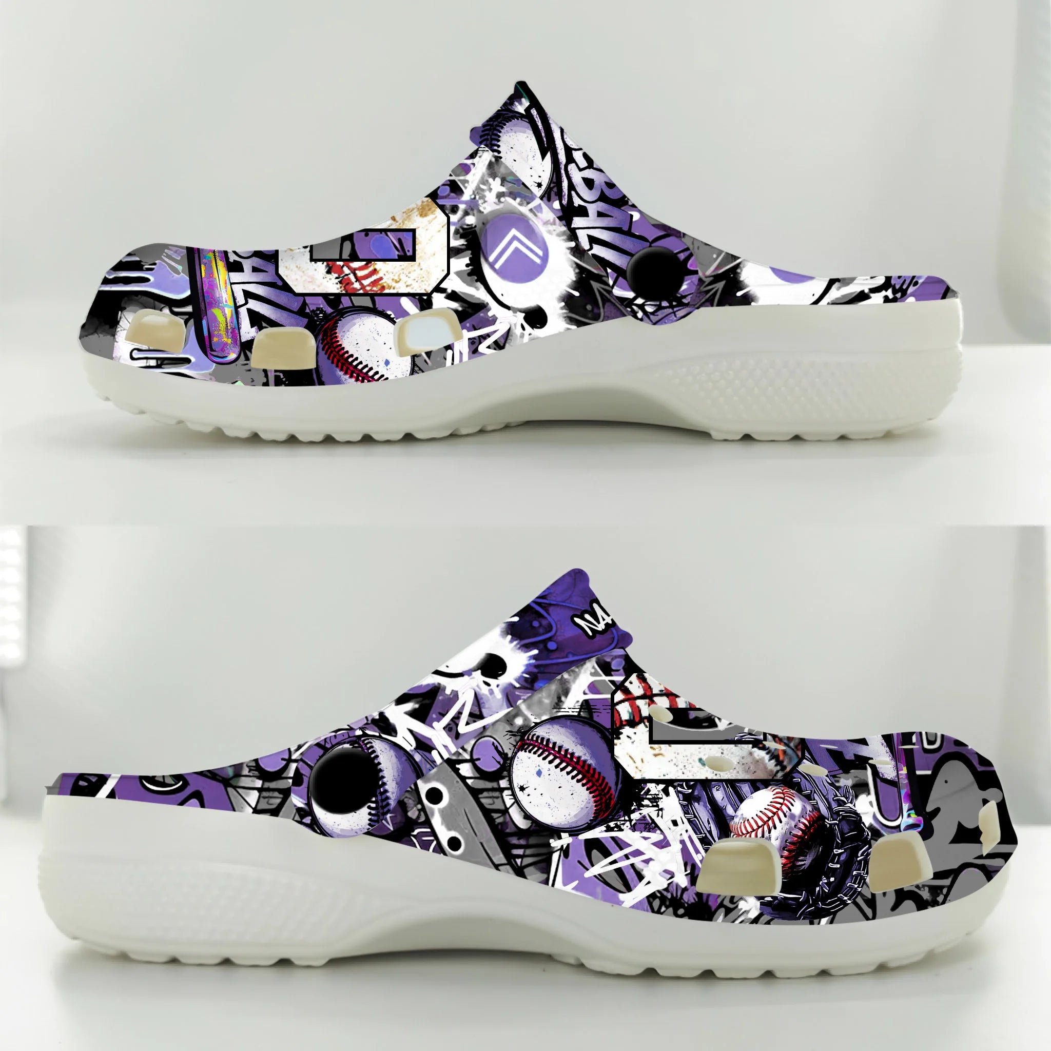 Footwearmerch Purple Graffiti Baseball Sport Crocs Crocband Clogs Shoes Comfortable For Men Women and Kids